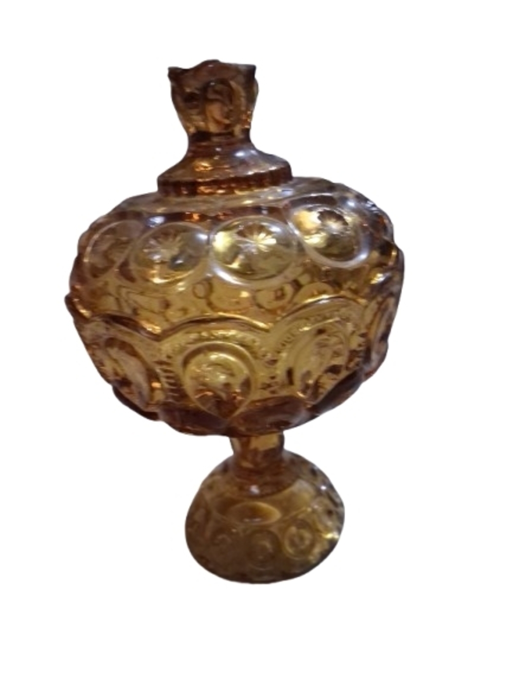 VTG LE Smith Moon Amber Pressed Glass Covered Compote, Candy Dish